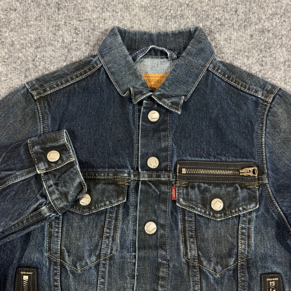 Levi Strauss 57540 Denim Trucker Jacket Moto Zip Kids M Blue 100% Cotton EUC